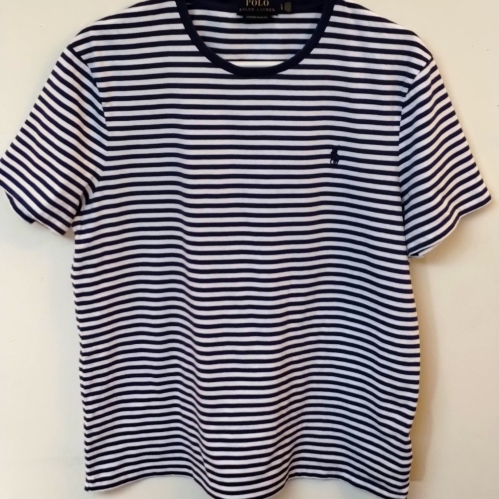 Polo by Ralph Lauren Women's T Shirt Blu and White Stripes size L